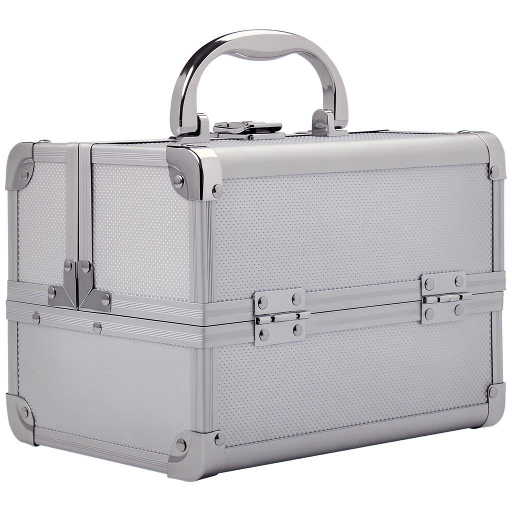 Professional Makeup Case Portable Cosmetic Case with 3-Level Trays and Mirror 2 Keys for Jewelry Manicure Travel 20x15x15 cm Silver