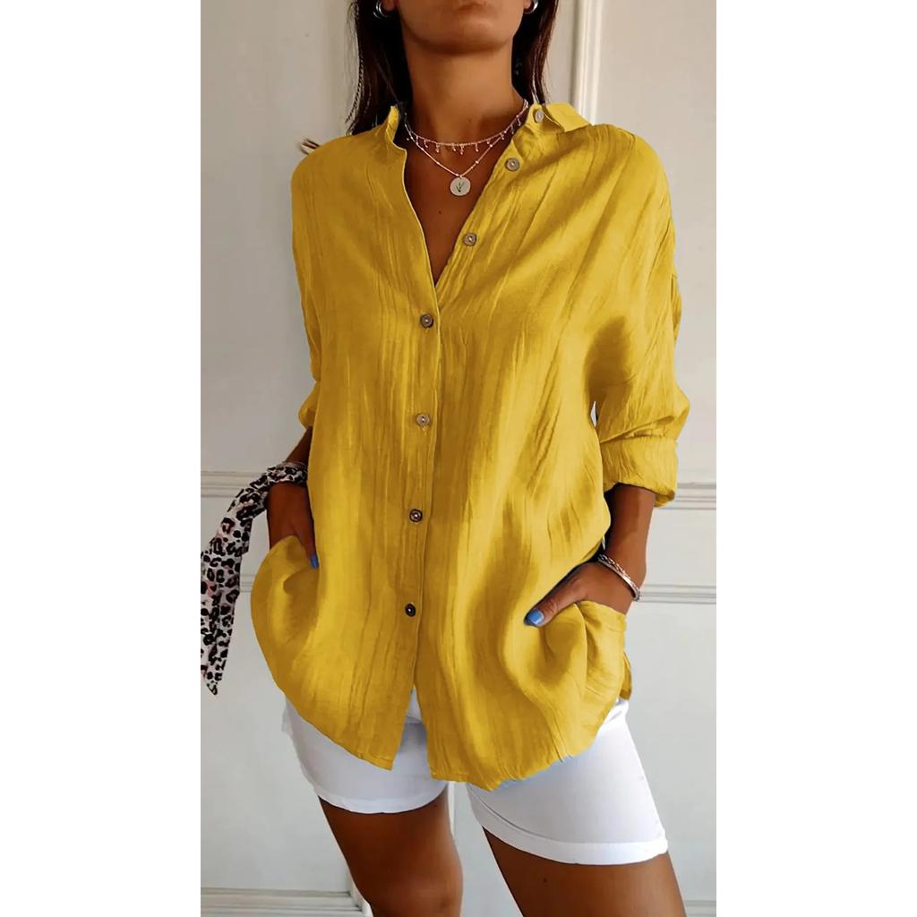 IHUASU Single Breasted Pleated Lapel Shirt Women's Solid Color Pull-up Sleeve Top