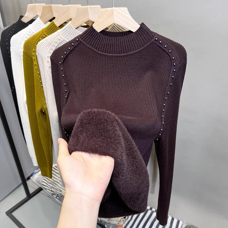 Флисовый свитер с полувысоким воротником женский цельный флисовый базовый свитер осень и зима новый вязаный свитер с бисером с толстым верхом внутри