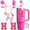 Набор аксессуаров для стакана Stanley 30oz 40oz с ручкой, Включая силиконовый колпачок-насадку для соломинки, Брелок-подвеска на ручку, Наклейка с инициалами, Цвет: Фуксия