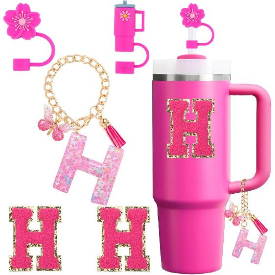 Набор аксессуаров для стакана Stanley 30oz 40oz с ручкой, Включая силиконовый колпачок-насадку для соломинки, Брелок-подвеска на ручку, Наклейка с инициалами, Цвет: Фуксия