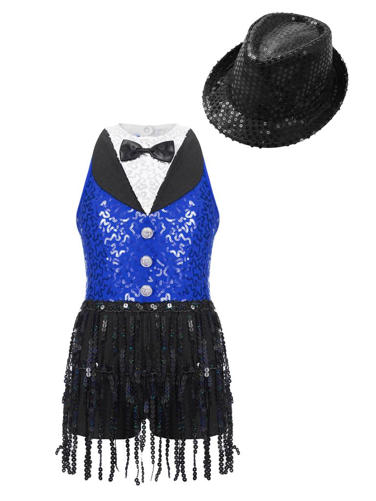 Детский танцевальный костюм для латинского танго, джаза, румбы, костюм из двух предметов для уличных танцев, черлидинга, комбинезон с блестками и шляпой, детский танцевальный конкурс