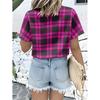 Women's Casual Short Sleeve Button Up Shirt Black Purple Checkered Pattern Regular Fit Vibrant Colors Machine Washable Fashionab