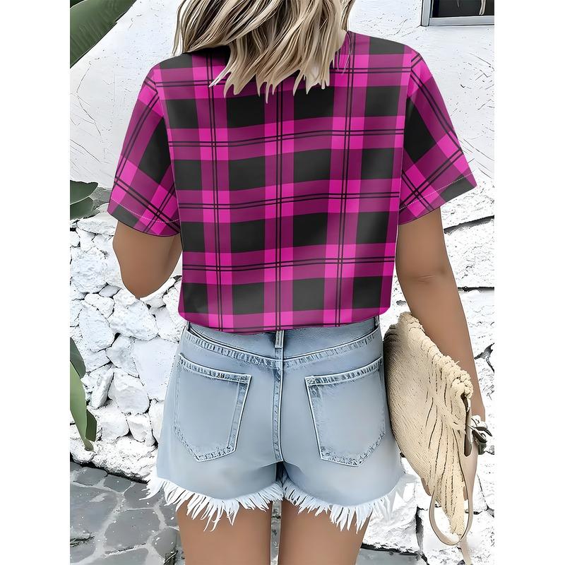 Women's Casual Short Sleeve Button Up Shirt Black Purple Checkered Pattern Regular Fit Vibrant Colors Machine Washable Fashionab