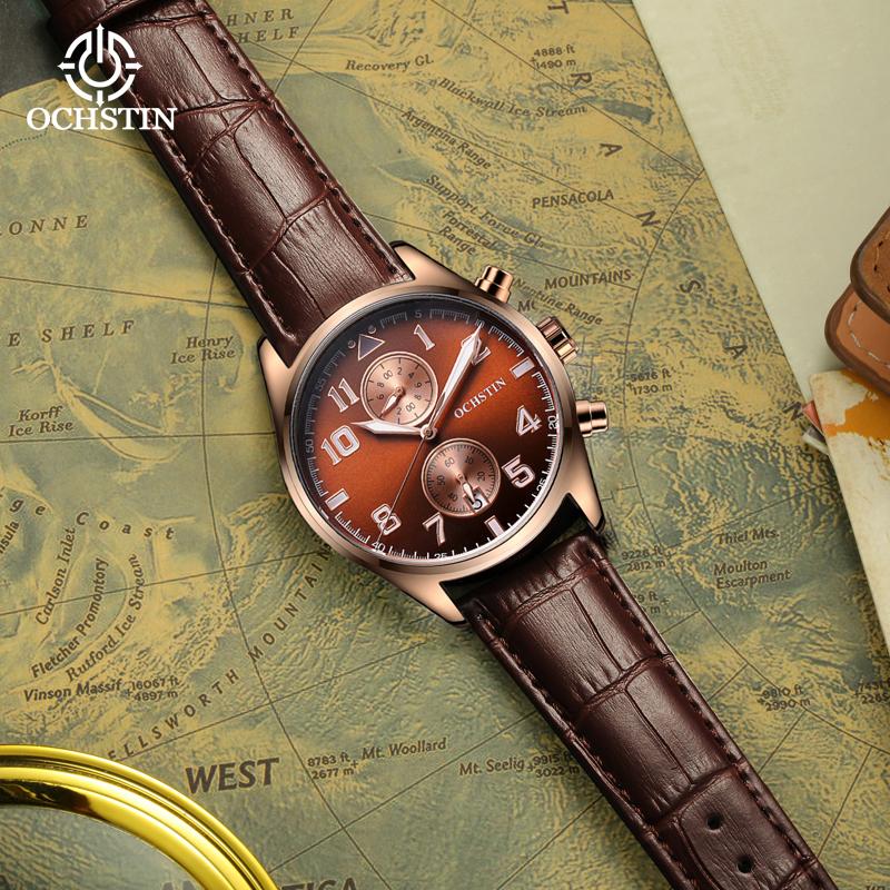 Multifunctional Chronograph Men Watch Luminous Hands Calendar Display Leather Strap Analog Quartz Wrist Watches