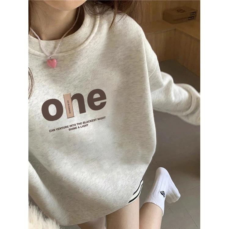White gray round neck pullover sweater women's new popular autumn and winter velvet loose large size top jacket tide