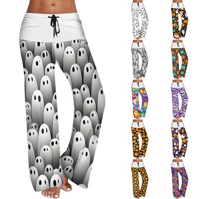 Женские повседневные брюки с эластичным поясом на кулиске, широкими штанинами, цветной вставкой и принтом на Хэллоуин