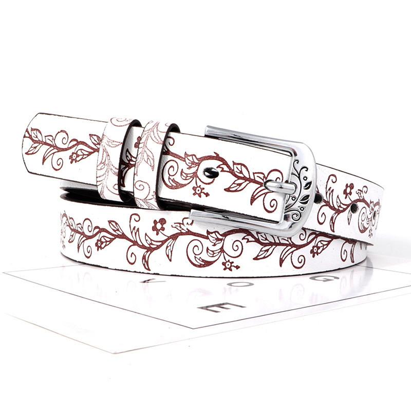 Leather Boho Inspired Belt With Embossed Design And Silver Buckle Womens For