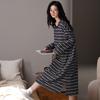 Long-Sleeved Nightgown With Chest Pad Women'S Autumn And Winter Pajamas German Velvet Heating And Grinding Round Neck Striped Loungewear Loose Long