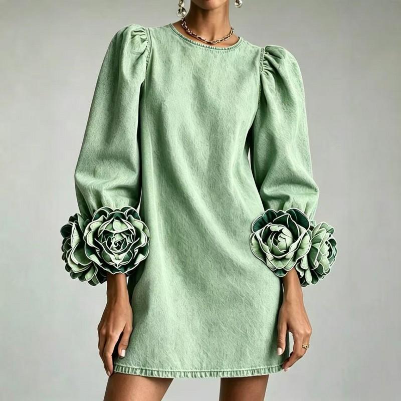 2026 Elegant Denim-Like Floral Long Sleeve A-Line Mini Dress Women