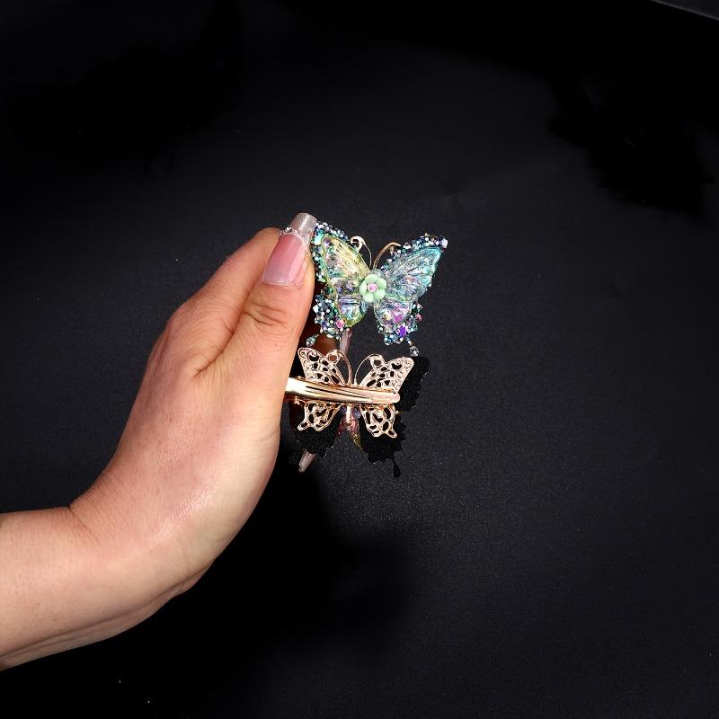6Pcs Luxury Shiny Sequin Butterfly Hair Clips, double-layer acrylic Y2K style. Butterfly small flower colors random.