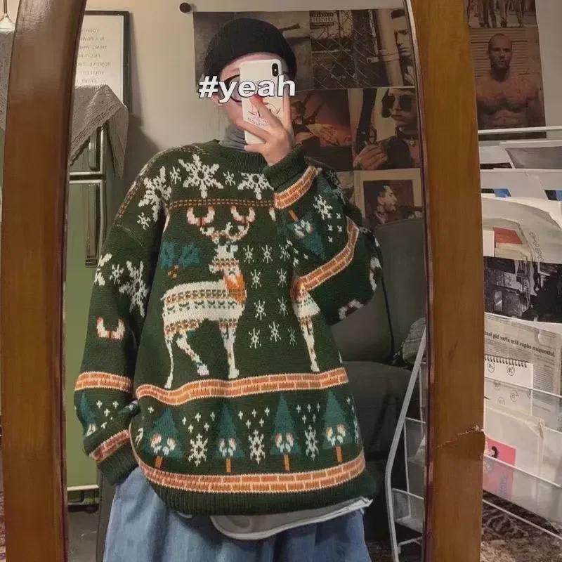 Мужской вязаный рождественский свитер в стиле ретро: Осень/Зима Плотная, Свободная, Ленивый Гонконгский Стиль, Круглый вырез, Модная Рубашка с Подкладкой