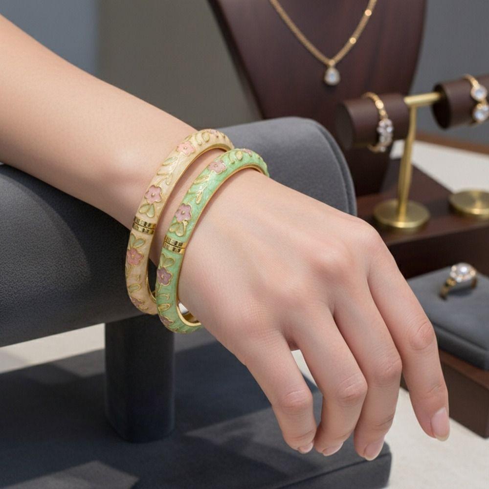 Flower Pattern Cloisonne Bracelet Rustic Style Women Bangle Blossom Enamel Bracelet Gift