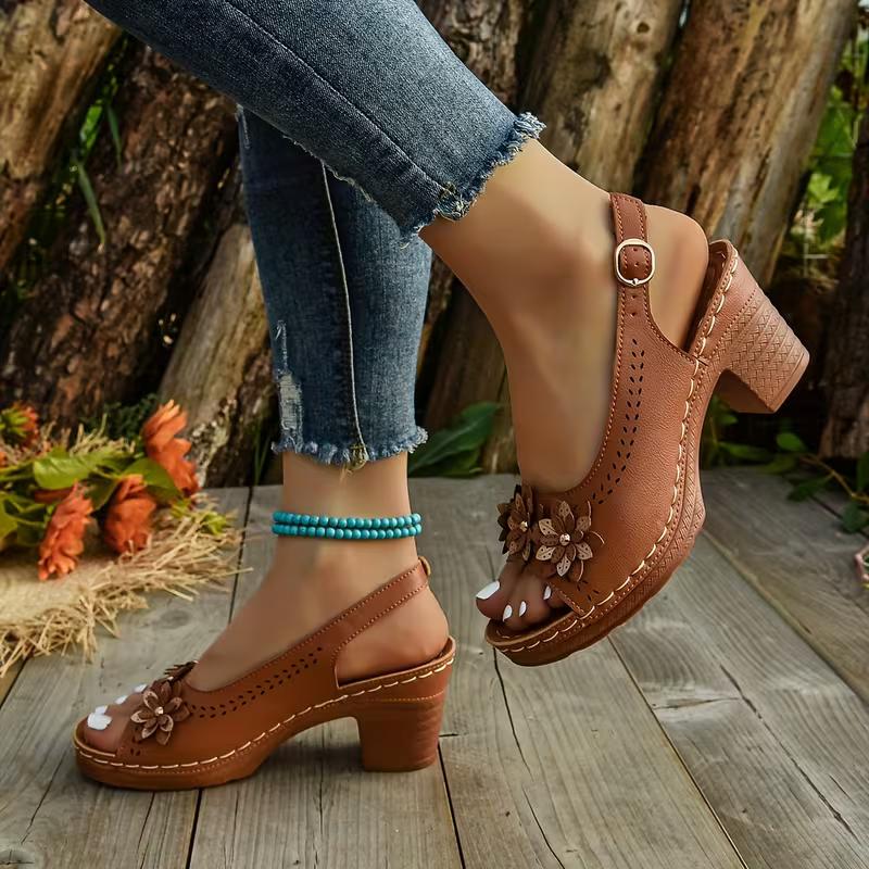 Женская обувь 2025 Сандалии женские на ремешке с пряжкой Модные хрустальные цветочные Офисные и для карьеры Новые больших размеров С открытым носком На каблуке