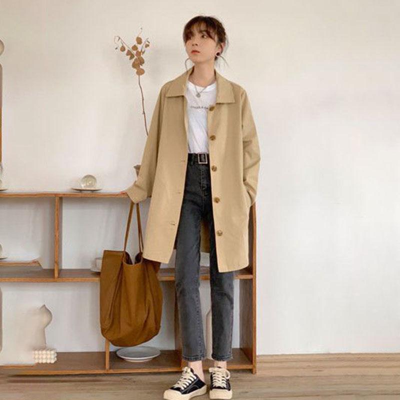Polo Collar Trench Coat Solid Color Simple Casual Women's Thin Coat Mid Length Loose Single Breasted Design with Lining Cloth Spring Autumn