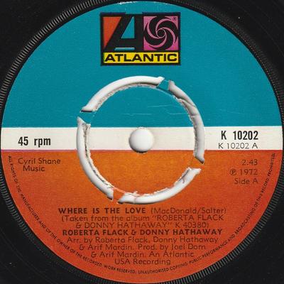 7-дюймовая пластинка ROBERTA FLACK & DONNY HATHAWAY - Where Is The Love K10202 Atlantic 1972 UK Soul/Funk Б/у