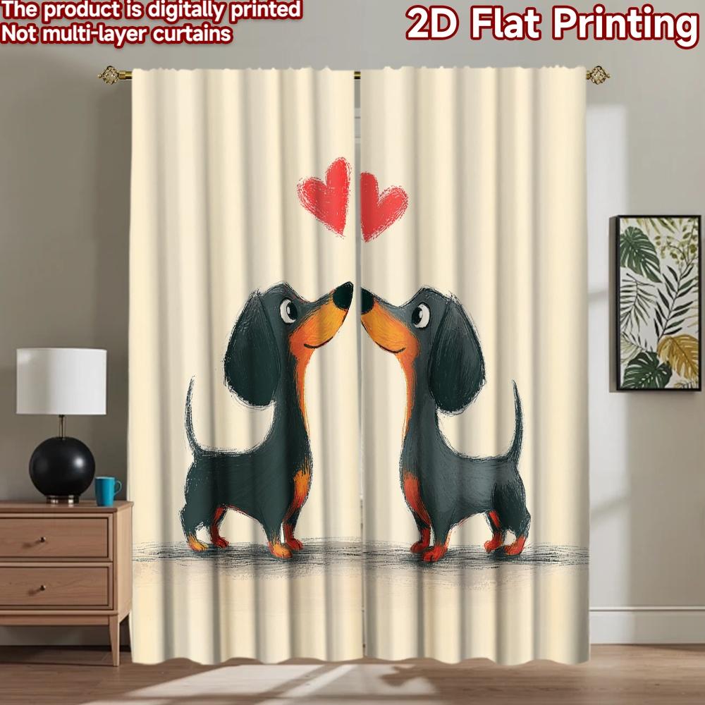 2D flat printing 2pcs Party Curtains Cute Dachshund Couple Hearts Digital Printed Polyester Drapes Festive Curtains for Festive