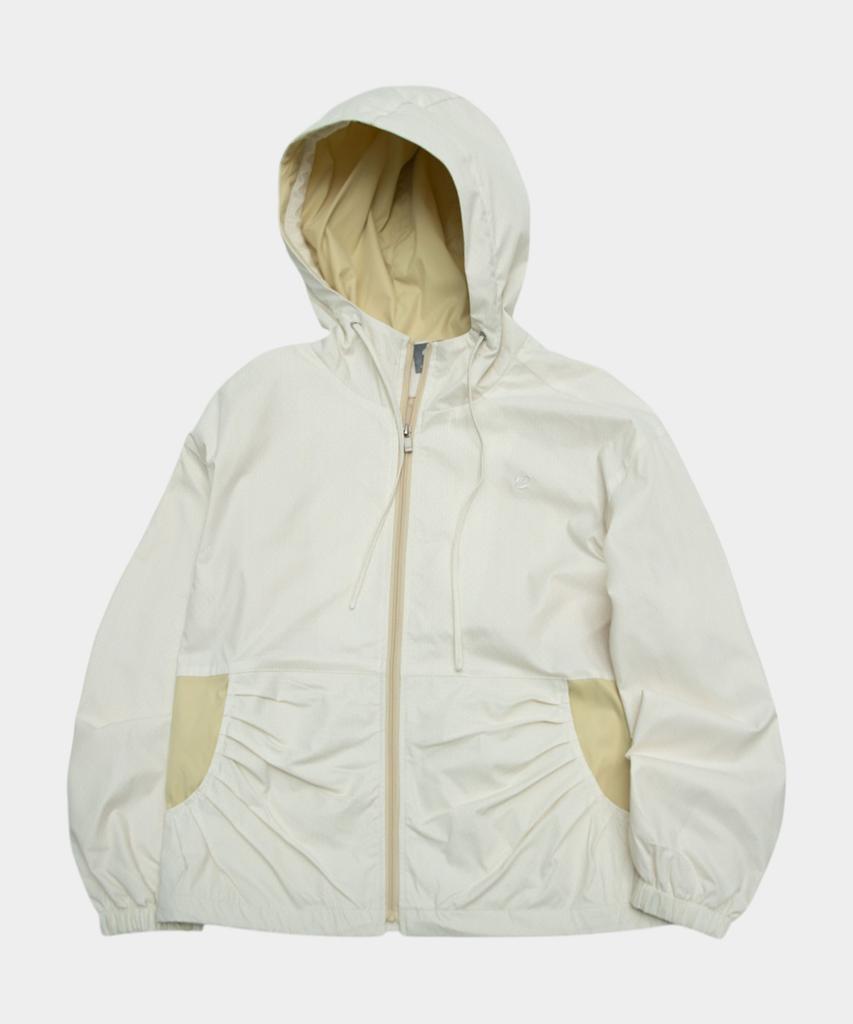 SOME PLACE Striped Color Block Dot Mix Shirred High-Neck Windbreaker Jacket [Yellow]