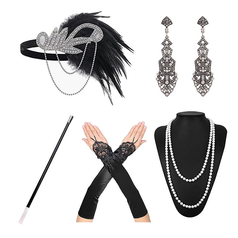 1 Set 1920'S Flapper Cosplay Costume Feather Headband Pearl Necklace Bracelet Stockings Long Glove Gatsby Masquerade Accessories