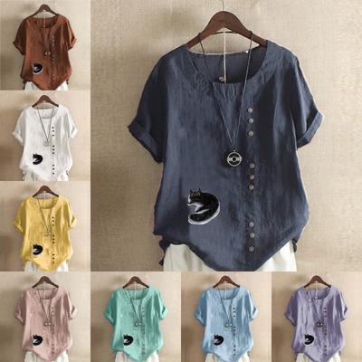 Женская модная футболка с короткими рукавами и принтом черной кошки, свободная хлопковая рубашка, повседневная свободная летняя блузка, топы больших размеров