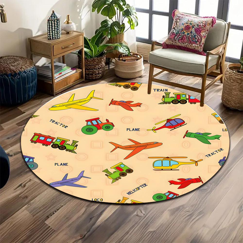 Transportation Themed Kids Carpet Design Print round rug, living room, bedroom, playroom carpet, non slip floor mat, gift