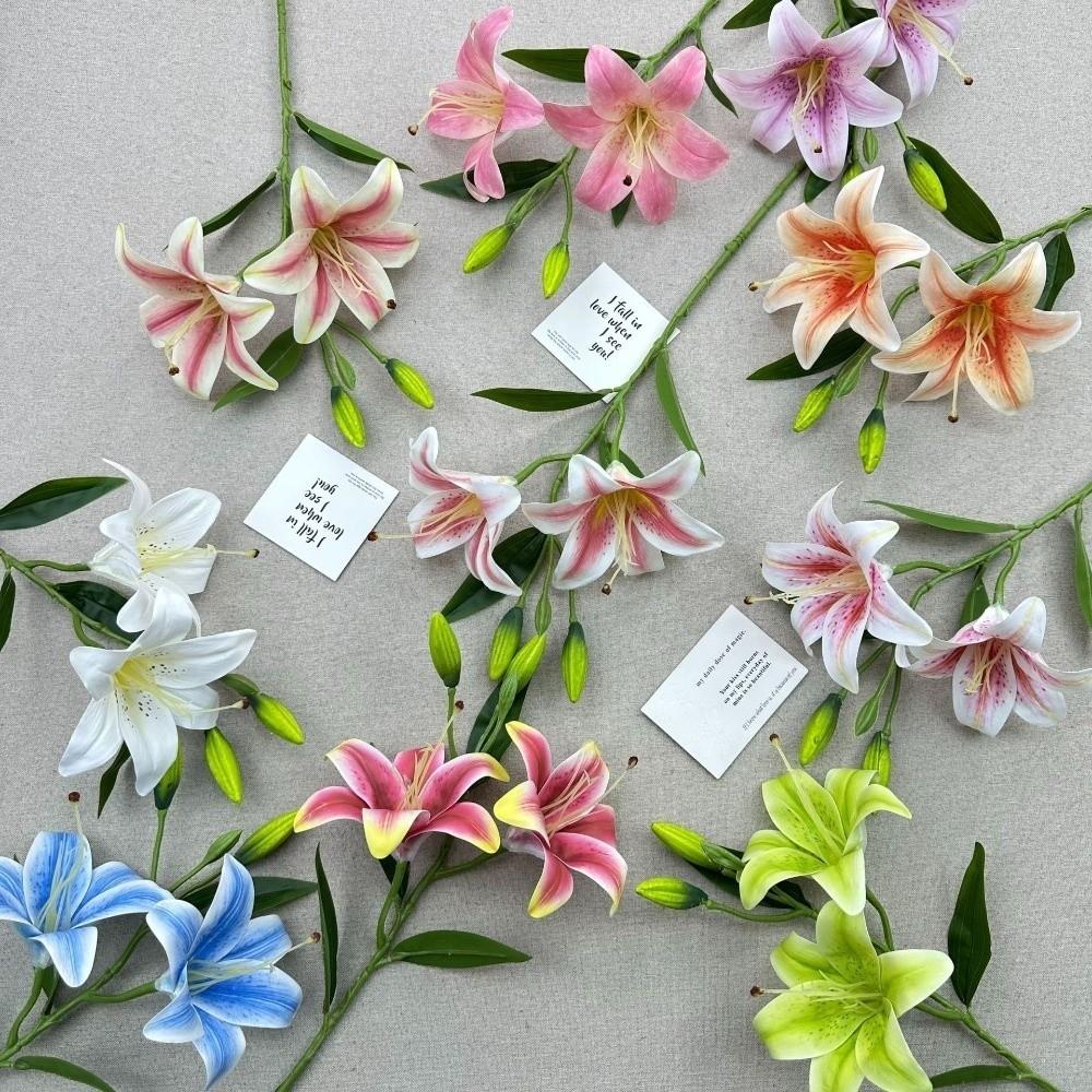 New 67cm Artificial Lily Flower 2 Heads Silk Fake Lily Bouquet DIY 3D Printing Wedding Bridal Bouquet Living Room Decor
