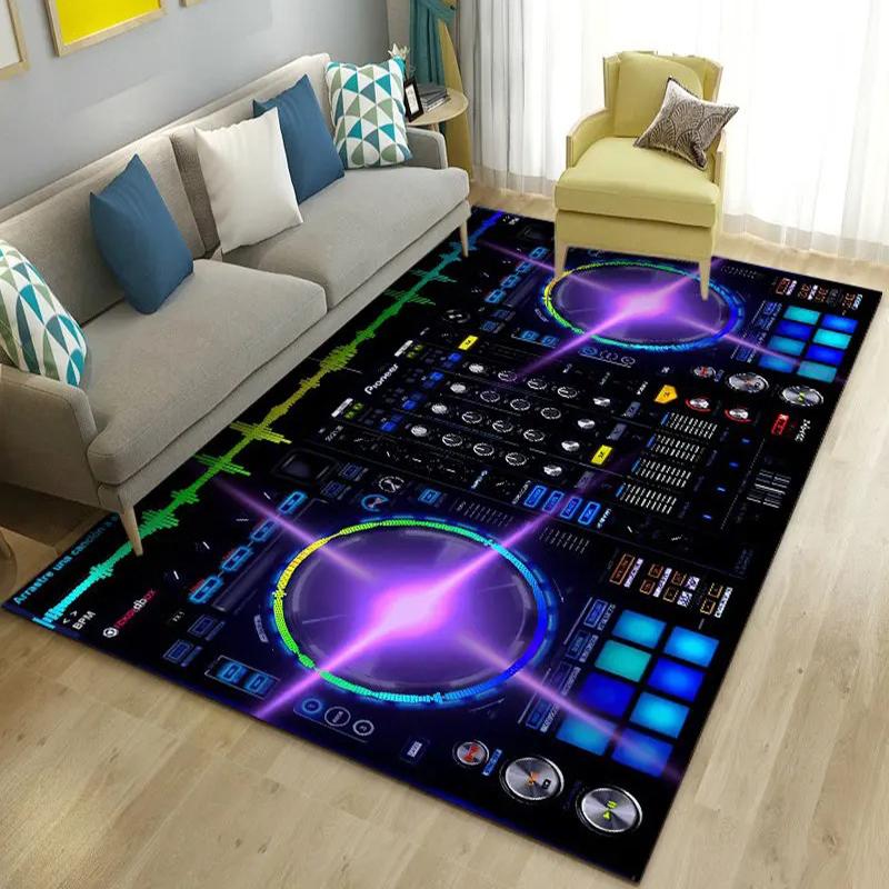 DJ Turntable Themed Large Area Rug, Colorful Mixer Console Motifs, Trendy Living Room Carpet, Varied Design Floor Cover