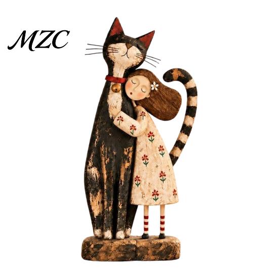 Decorative Statue for Cat And Dog Owners Girl Pet Figurine, Cat/Dog Statue, Distressed Resin Friendship Heartwarming Sculpture Home Office Decor,