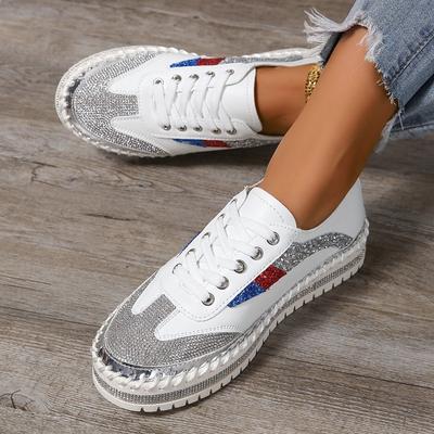 Модные женские кроссовки 2024 Новая мода Блестящие туфли со стразами Повседневные кроссовки Женская стильная спортивная обувь Кроссовки на шнуровке Обувь