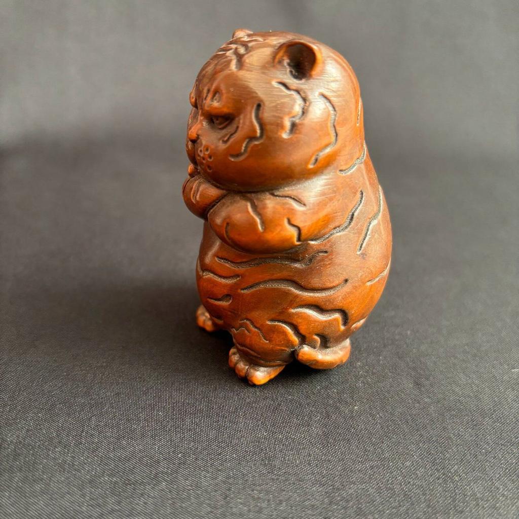 Chinese Boxwood Carving Exquisite Lovely Tiger Statue Room Decor Interesting Art