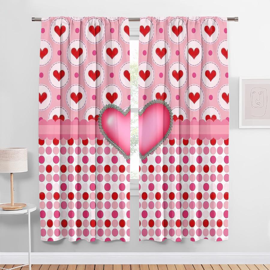 2PCS foundation make-up red heart wave point layered curtain sweet style living room bedroom trolley pocket decoration