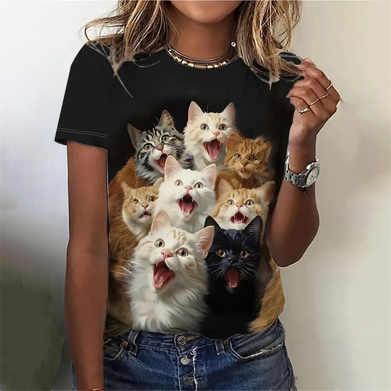 Летний топ с круглым вырезом и принтом 3D Cat, модные повседневные женские футболки с короткими рукавами
