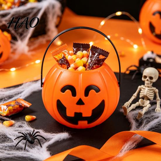 Portable Pumpkin Pails Halloween Candy Bucket, Plastic Treat Holder with Handle, Event Accessories Party Favor Storage Container, Trick-or-Treat Gift