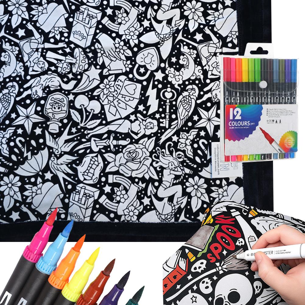 Раскрашиваемое DIY washable одеяло с 12 цветными маркерами, творческое искусство, индивидуально окрашенная ткань с цветами, одеяла для взрослых, для релаксации