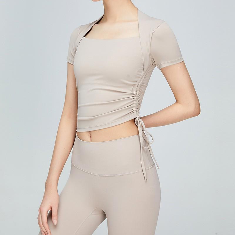 Womens Seamless Yoga Top With Detachable Shawl Wrap Side Drawstring Slim Fit Short Sleeve Activewear