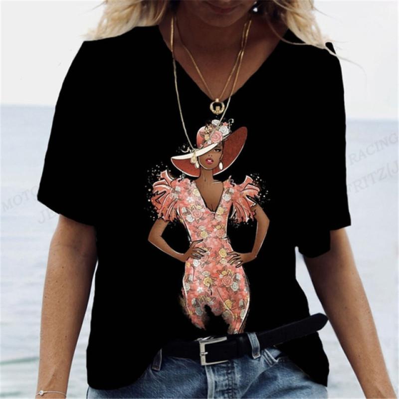 Harajuka абстрактные крутые футболки с принтом в стиле ретро, ​​женские универсальный пуловер с коротким рукавом, летние дизайнерские повседневные женские футболки с v-образным вырезом