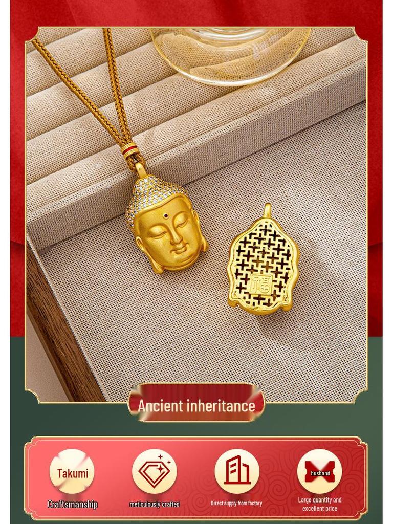 Модное винтажное ожерелье с головой Будды в вьетнамском стиле и бриллиантовыми акцентами - Отделка песочным золотом, Высококачественное сохранение цвета