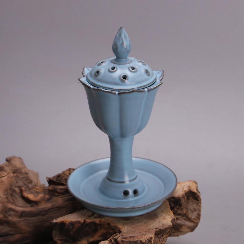 Song Dynasty Ru Kiln Blue Glaze Lotus Pod Incense Burner - Antique Style Collectible Porcelain Display.