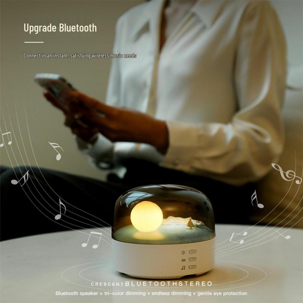 Creative Crescent Bluetooth Speaker and Rechargeable Eye-Friendly Bedside Night Light with Stepless Dimming.