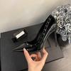 Весна Осень Новые Роскошные Женские Туфли на Высоком Каблуке Универсальные Остроносые С Неглубоким Вырезом Тонкий Каблук Повседневная Обувь Ретро Заклепки Черные Туфли на Высоком Каблуке