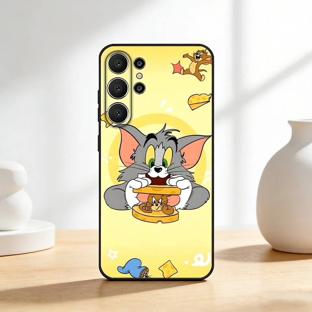 Забавный чехол для телефона T-TomS Cartoon JerryS для Samsung S26,S25,24,23,22,30,21,10,9,Ultra,Plus,Lite,FE Мягкий черный чехол