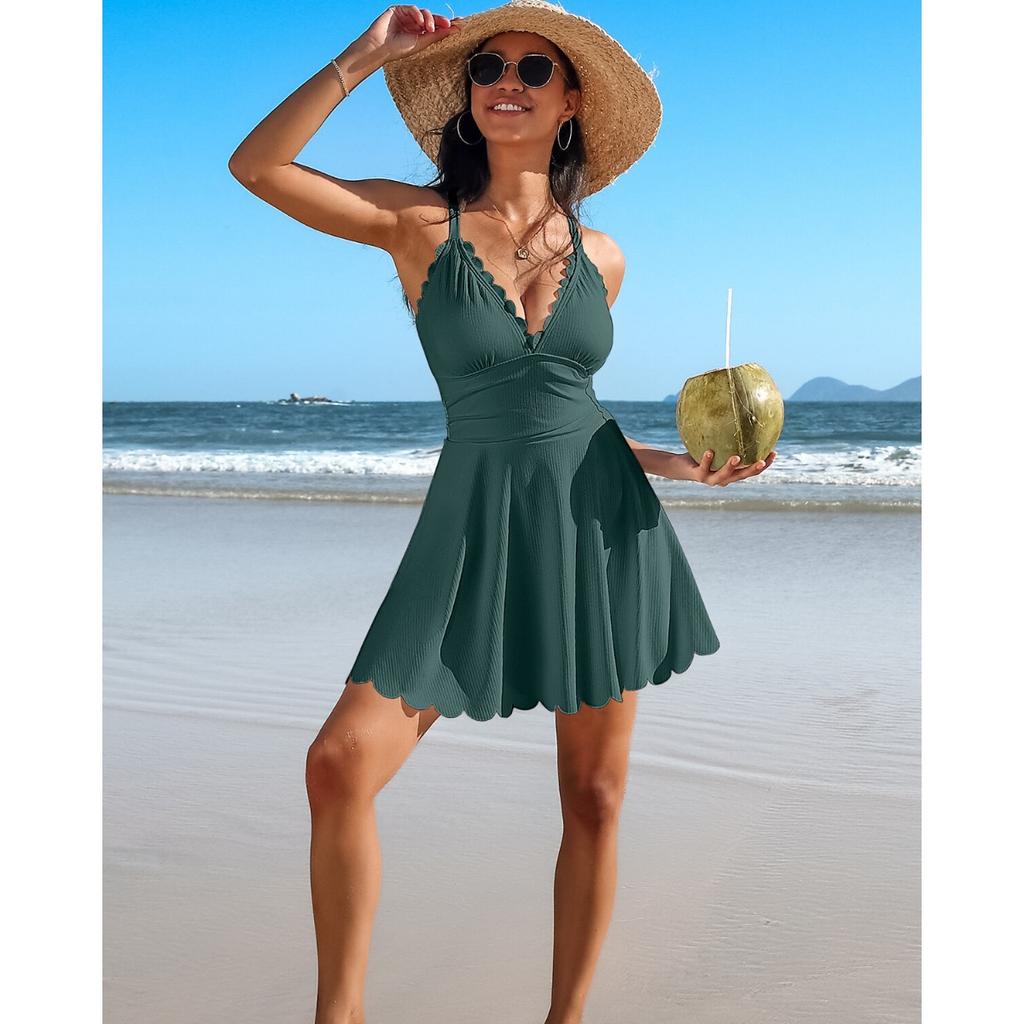 CHARMLEAKS Женский цельный купальник в рубчик, купальник с зубцами, купальник с V-образным вырезом и рюшами, купальный костюм с юбкой