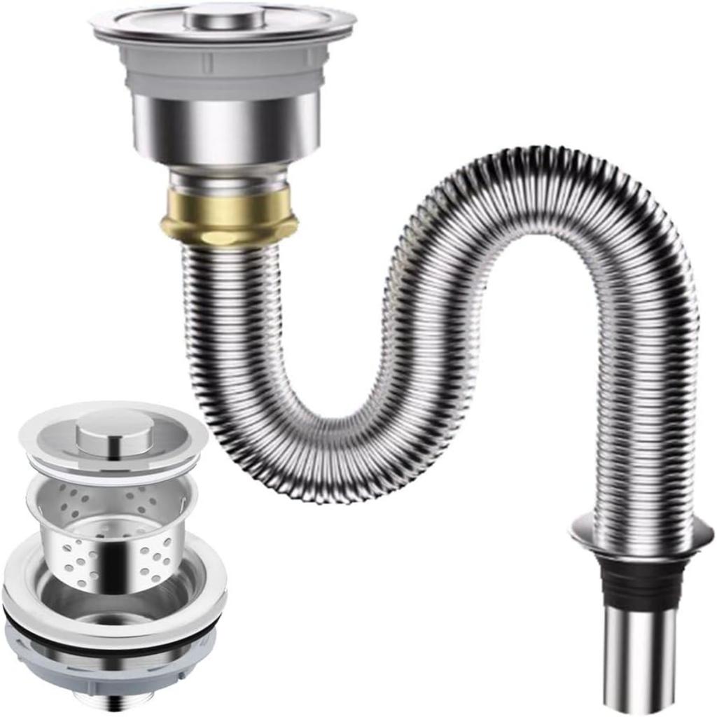 FlexiFlow Stainless Steel Kitchen Sink Drain Kit Durable Flexible Drain Pipe with 3.5 Inch Odor Resistant Sink Strainer Length: 60cm/23.5in