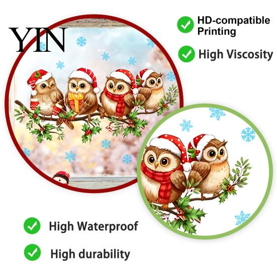 Window Glass Art 1/2 Sheets Christmas Cartoon Owl Cling, Standing on Branch Bird Theme Stickers Static Sticker, Removable Waterproof Decal,