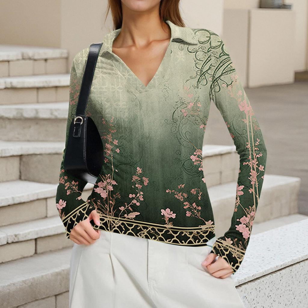 Женская Мода Повседневный Принт V-образный Вырез Длинный Рукав Застежка на Пуговицы Топ