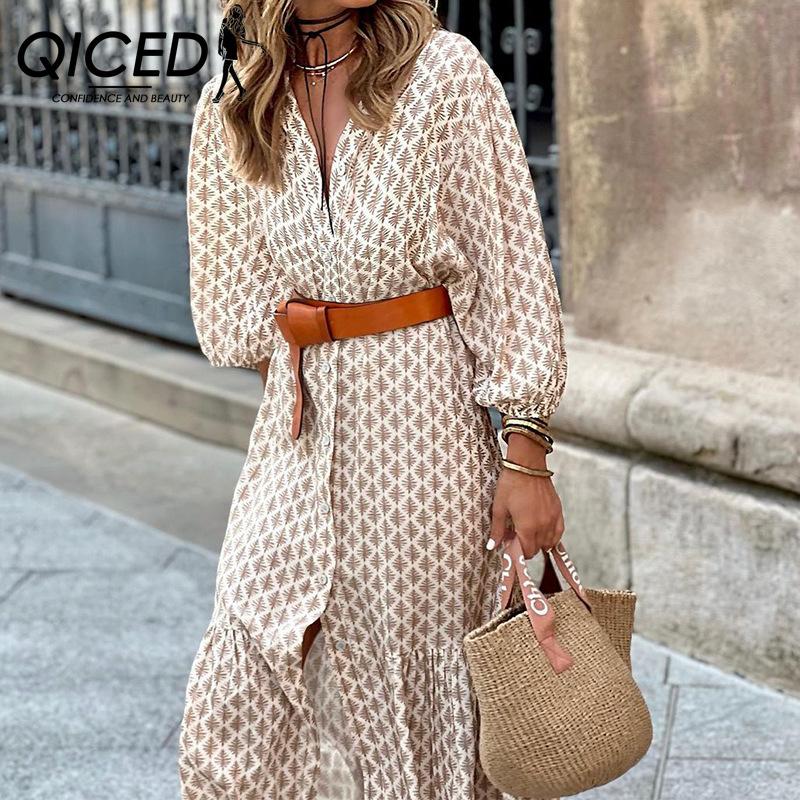 QICED Осенне-зимнее модное длинное платье с v-образным вырезом и принтом на поясе