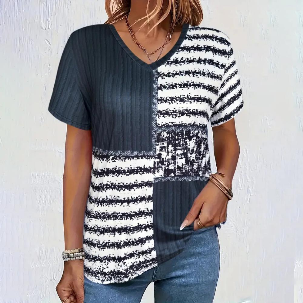Женская футболка Летний топ с V-образным вырезом и короткими рукавами С принтом Уличная футболка Женская Повседневная Одежда с ковбойским принтом Уличная футболка