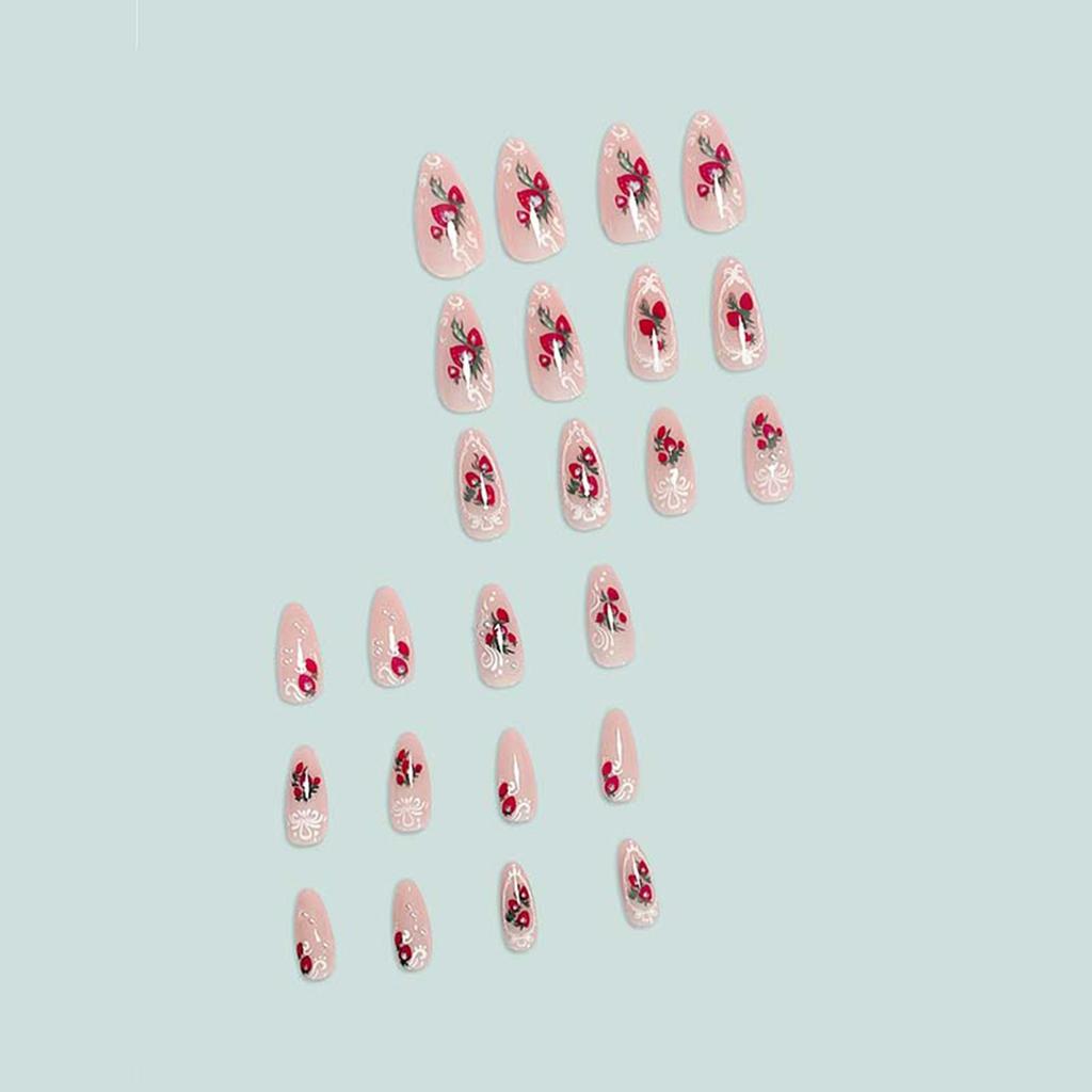 Pink Fake Nails with Strawberries Printed Sweet & Charming Reusable False Nails for Women and Girl Nail Salon