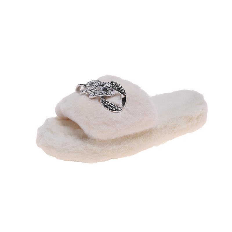 Cute Warm Fluffy Slippers Women Cozy Faux Fur Cross Indoor Floor Slides Flat Soft Furry Shoes Ladies Female Celebrities