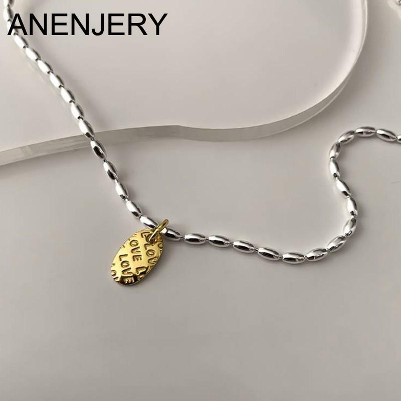 ANENJERY Love Letter Oval Pendant Olive Bead Rice Grain Necklace for Women Fashion Jewelry Summer Accessories